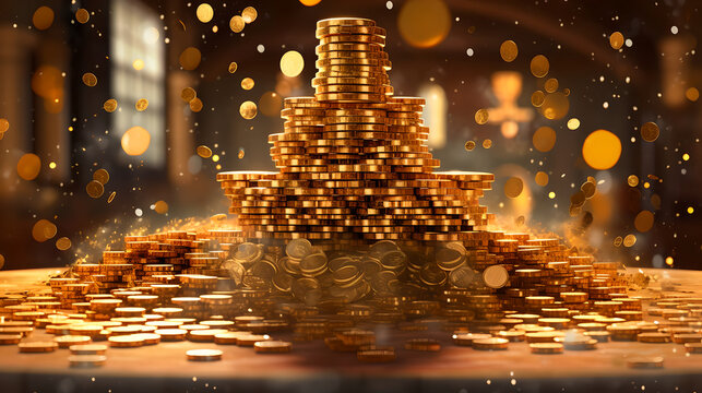 Stack of shiny pyramid from Gold Coins on dark Background. Savings growth or successful investment