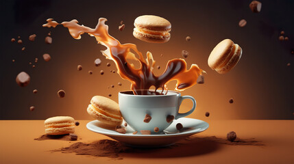 A cup of splashing coffe with flying macaroons. Generative AI.