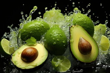 Freeze motion of sliced avocado with splashing water isolated on white background