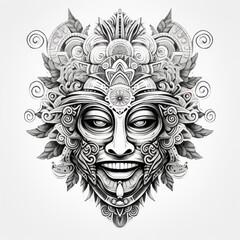 Black and white drawing of a Balinese Mask isolated on white. Tattoo idea for an ornamental mask in the style of Barong.