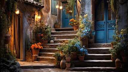 Fototapeta na wymiar Steps leading to open door and potted plants. French countryside. Generative AI