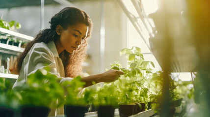 Agrarbiologe züchtet im Labor grüne Pflanzen, Mit generativer KI-Technologie hergestellt- - obrazy, fototapety, plakaty