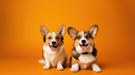 Puppies together on orange background