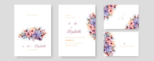Fototapeta na wymiar Floral watercolor wedding invitation template. Gold leave and flower background.