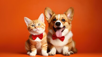 Kitten and puppy together on orange background