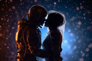 Astronaut kissing his girlfriend in the moonlight. Space background.