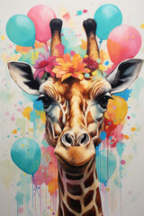 Goofy giraffe against a watercolor backdrop of colorful balloons and confetti.