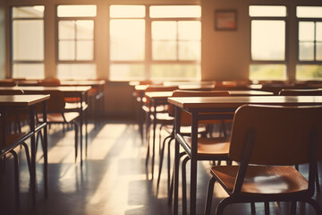 Fototapeta premium Empty classroom with chairs and tables in school, education and learning concept