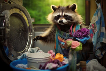 Funny colorful image of a raccoon in an apron washing things in the laundry room. - obrazy, fototapety, plakaty