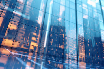Abstract city background with skyscrapers and reflections. Double exposure. business concept.