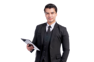 Business Asian man using smart phone tablet computer isolated on a transparent png background - lifestyle business people concept