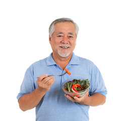 Lifestyle senior man feel happy enjoy eating diet food fresh salad isolated on white background