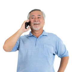 Senior Male using a smartphone , smiling feel happy on white background - lifestyle senior concept