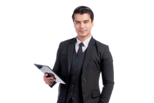 Business Asian man using smart phone tablet computer isolated on a transparent png background - lifestyle business people concept