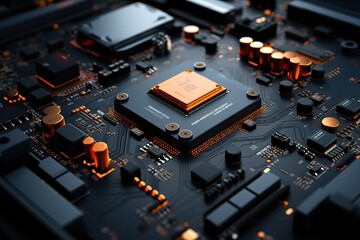 CPU Chip on Motherboard. Abstract background with computer processor chip on a circuit board with microchips and other computer parts. Electronic circuit board close up. Conceptual image