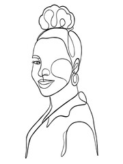 Continuous one line drawing of woman with hair bun. Vector illustration.