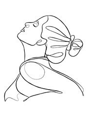 Continuous one line drawing of woman with hair bun. Vector illustration.