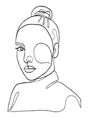 Continuous one line drawing of woman with hair bun. Vector illustration.