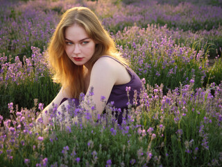 beautiful blonde girl with long hair on a lavender field in the evening - 625567360