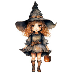 Little witch wearing a full black dress Halloween decorations