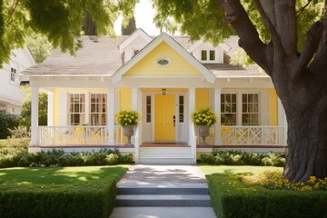 A beautifully remodeled house showcases its intricate features through a fresh coat of white paint and a vibrant front door in a cheerful shade of sunshine yellow. - obrazy, fototapety, plakaty