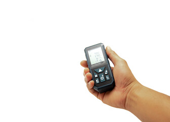 Right Asian hand man holding digital laser measure showing laser distance meter, portable range finder larger backlit handle isolated on white background clipping path © trongnguyen