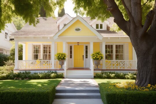 A beautifully remodeled house showcases its intricate features through a fresh coat of white paint and a vibrant front door in a cheerful shade of sunshine yellow.