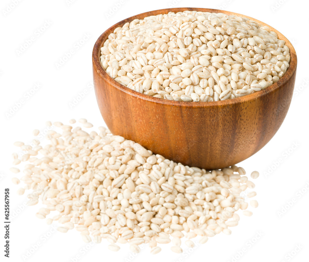 Poster raw highland barley in the wooden bowl, isolated on white background.