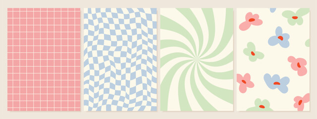 Set of groovy hippie 70s backgrounds. Collection of checkerboard, chessboard, mesh, waves patterns. Twisted and distorted vector texture in trendy retro psychedelic style. Y2k aesthetic