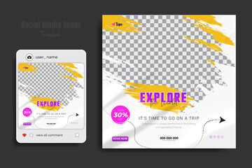 Travel holiday vacation company social media cover and post design template, world travel, tourism day advertising banner with gradient color background, summer beach weekend online advertising poster