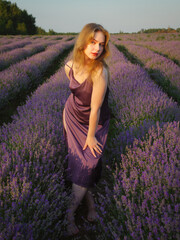 beautiful blonde girl with long hair on a lavender field in the evening - 625568301