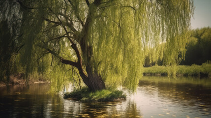 Beautiful willow tree with green leaves growing near lake on sunny day.