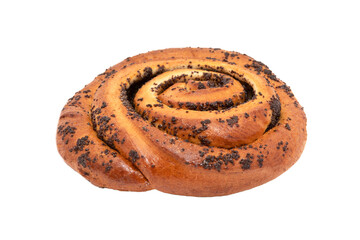 Fototapeta premium A poppy seed bun without a shadow isolated on a white background. Baked with a golden crust and sprinkled with poppy seeds