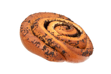 A poppy seed bun without a shadow isolated on a white background. Baked with a golden crust and sprinkled with poppy seeds
