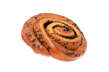 A poppy seed bun without a shadow isolated on a white background. Baked with a golden crust and sprinkled with poppy seeds