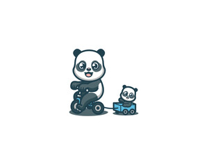 Cute panda father and son riding a bicycle mascot