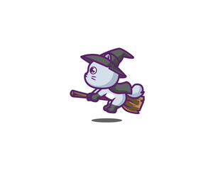 Cute witch cat riding a broomstick mascot