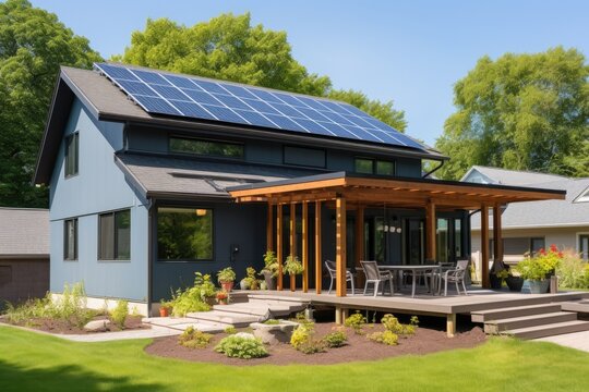 A recently built home that features a solar panel system installed on its roof. It is a contemporary and environmentally friendly passive house design.
