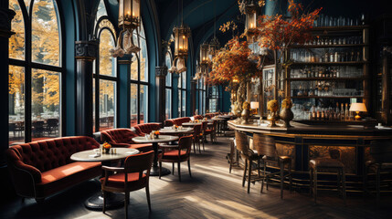Fototapeta na wymiar Elegant cafe, dark background, earthy colours. Generative AI