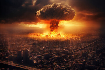 Fototapeta na wymiar Explosion of atomic bomb over city at sunset. 3D rendering