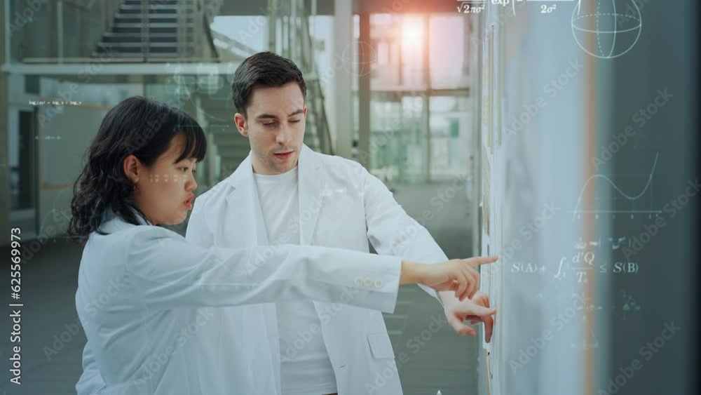 Poster Multinational group of scientists experimenting and science technology concept. Research and development. 