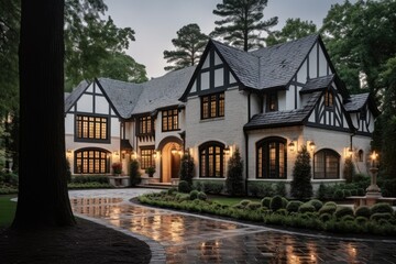 Fototapeta premium Exquisite house with an appealing exterior located in a peaceful suburban neighborhood outside of Charlotte, spanning across both North Carolina and South Carolina. The architectural design of the