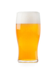 Glass of light beer with foam isolated on white background