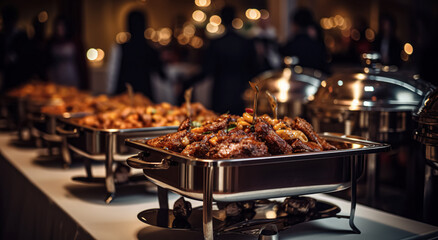 Group of people on catering buffet food indoor in restaurant with grilled meat. Buffet service for any festive event, party or wedding reception. digital ai - Powered by Adobe
