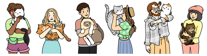 People holding cute cats set lovely kitties in their hands Pet owner portraits with adorable pretty feline animals. Flat vector illustration isolated on white background