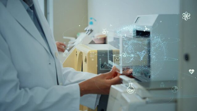 Multinational group of scientists experimenting and science technology concept. Research and development. 