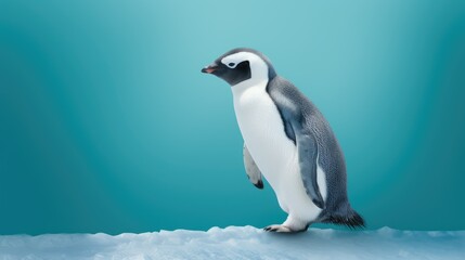 Obraz premium Penguin standing in front of a blue background with text space can use for advertising, ads, branding
