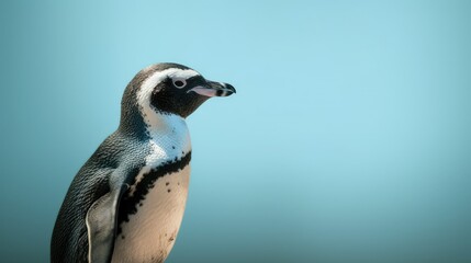 Fototapeta premium Penguin standing in front of a blue background with text space can use for advertising, ads, branding