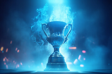 Trophy cup on a dark background with smoke. 3d rendering