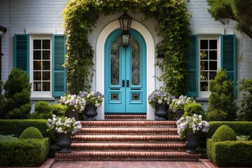 The front door of the traditional house is adorned with lovely decorations and has a stunning turquoise color. Accompanied by a brick pathway and neatly trimmed hedges.